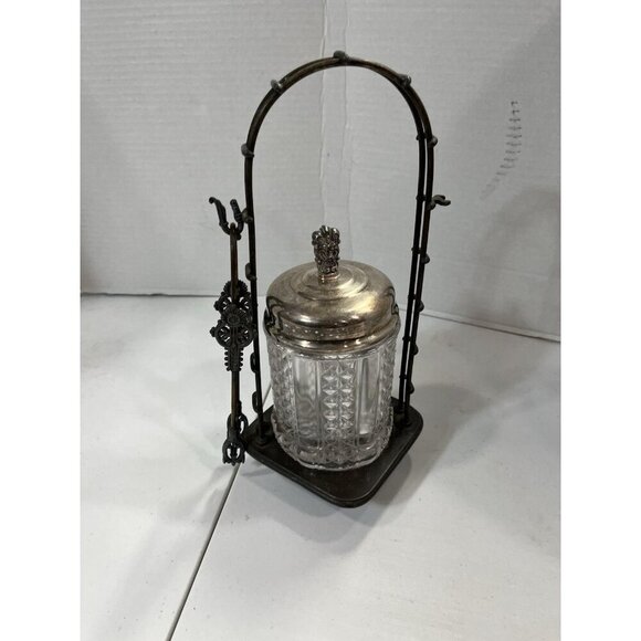 Meridan Silver Plate Co Quadrupleplate Victorian Glass Pickle Castor Jar & Tongs - Picture 2 of 12